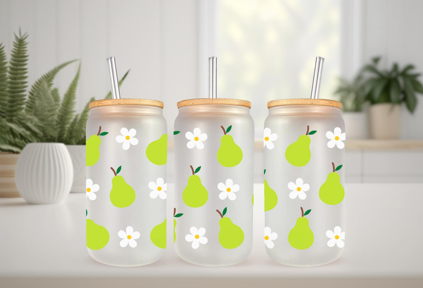 UV DTF Wrap Pears & Daisy for 16oz Can Glass Mug Tumbler, Ready to Apply, Permanent Waterproof Adhesive
