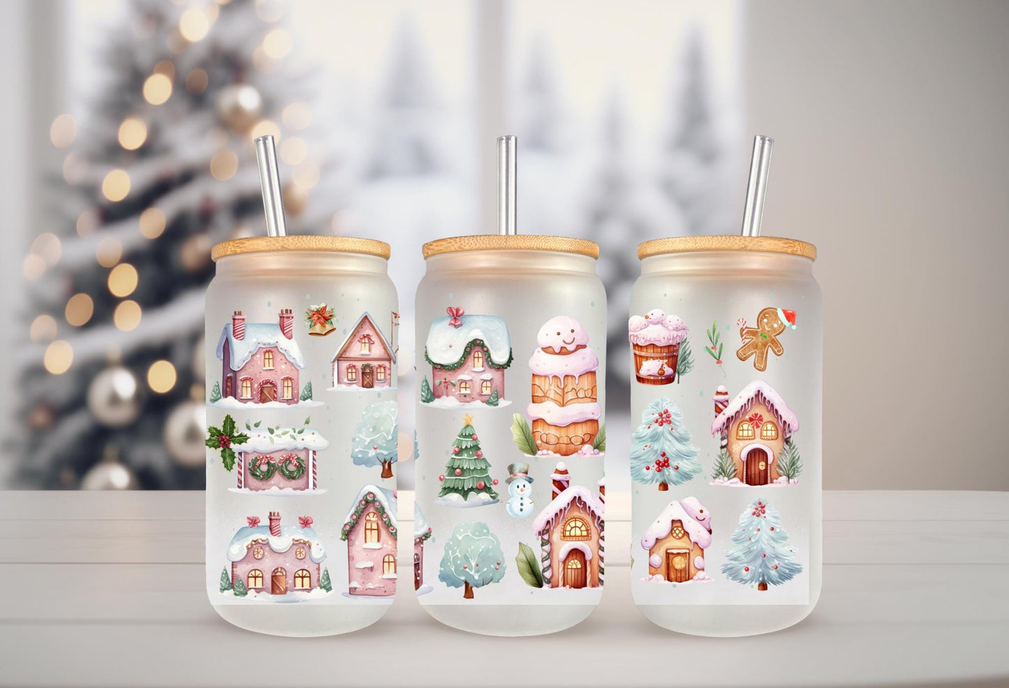 UVDTF Wrap Gingerbread House for 16 oz Can Glass Mug or Tumbler, Ready to Apply, Permanent Waterproof Adhesive