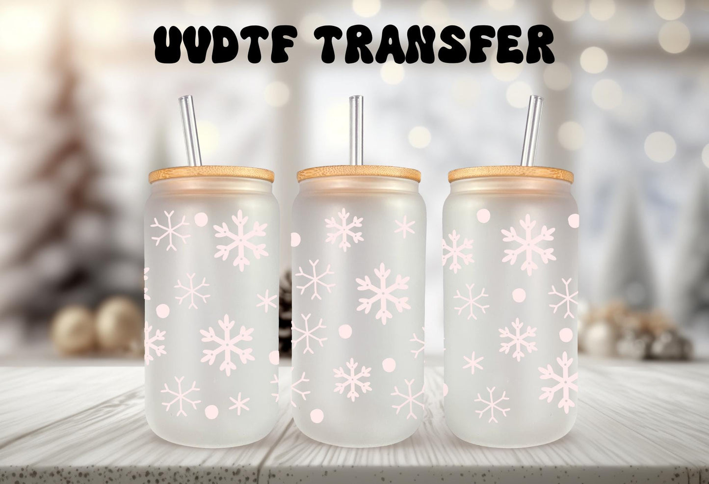 UVDTF Wrap Light Pink Snowflakes 16oz Can Glass Mug Tumbler, Ready to Apply, Permanent Waterproof Adhesive