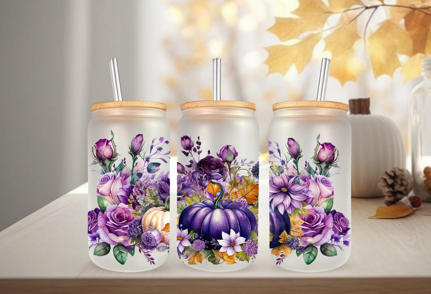 UVDTF Wrap Fall Pumpkin Purple Floral 16oz Can Glass  Mug Tumbler Wrap, Ready to apply, Permanent Adhesive, Double sided option