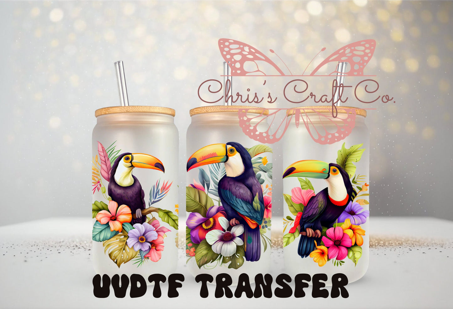 UVDTF Wrap Bird Pelican Tropical Floral 16oz Can Glass Mug Tumbler, Ready to apply, Permanent Adhesive Waterproof, Add on a Cup