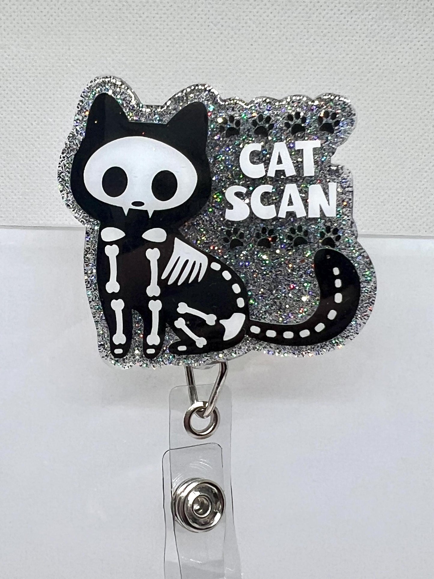Funny CAT SCAN Badge Reel – Black Cat Skeleton Design with Glittery Paw Print Background, ID Holder for Professionals