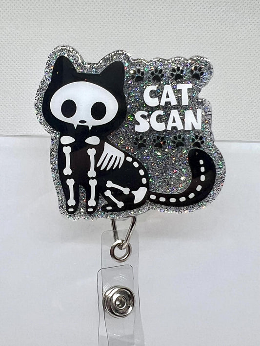 Funny CAT SCAN Badge Reel – Black Cat Skeleton Design with Glittery Paw Print Background, ID Holder for Professionals