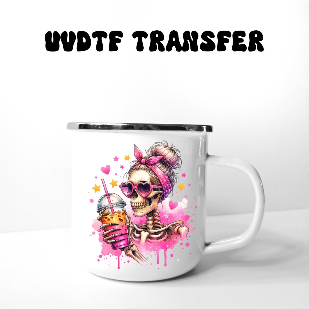 UVDTF Decal Retro Skeleton Girl Iced Coffee 16oz Can Glass Tumbler, Ready to Apply, Permanent Waterproof Adhesive