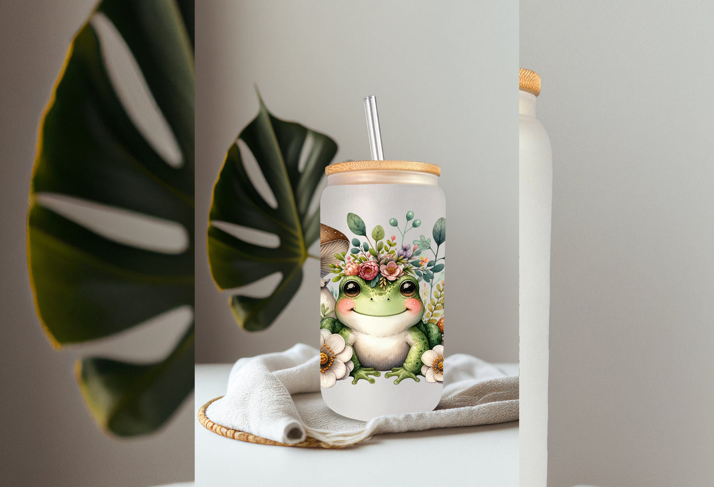 UVDTF Wrap Cute Frog Mushrooms 16oz Can Glass, Mug Tumbler, Frog Wrap, Ready to apply, Permanent Adhesive, Double sided option