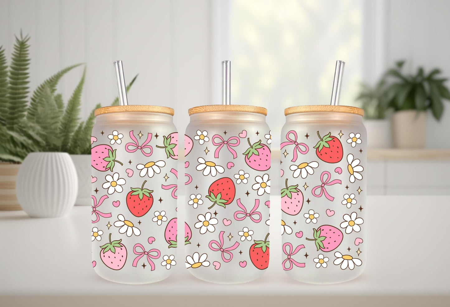 UVDTF Wrap Strawberry Daisy Bow 16oz Can Glass Mug Tumbler, Ready to apply, Permanent Waterproof Adhesive