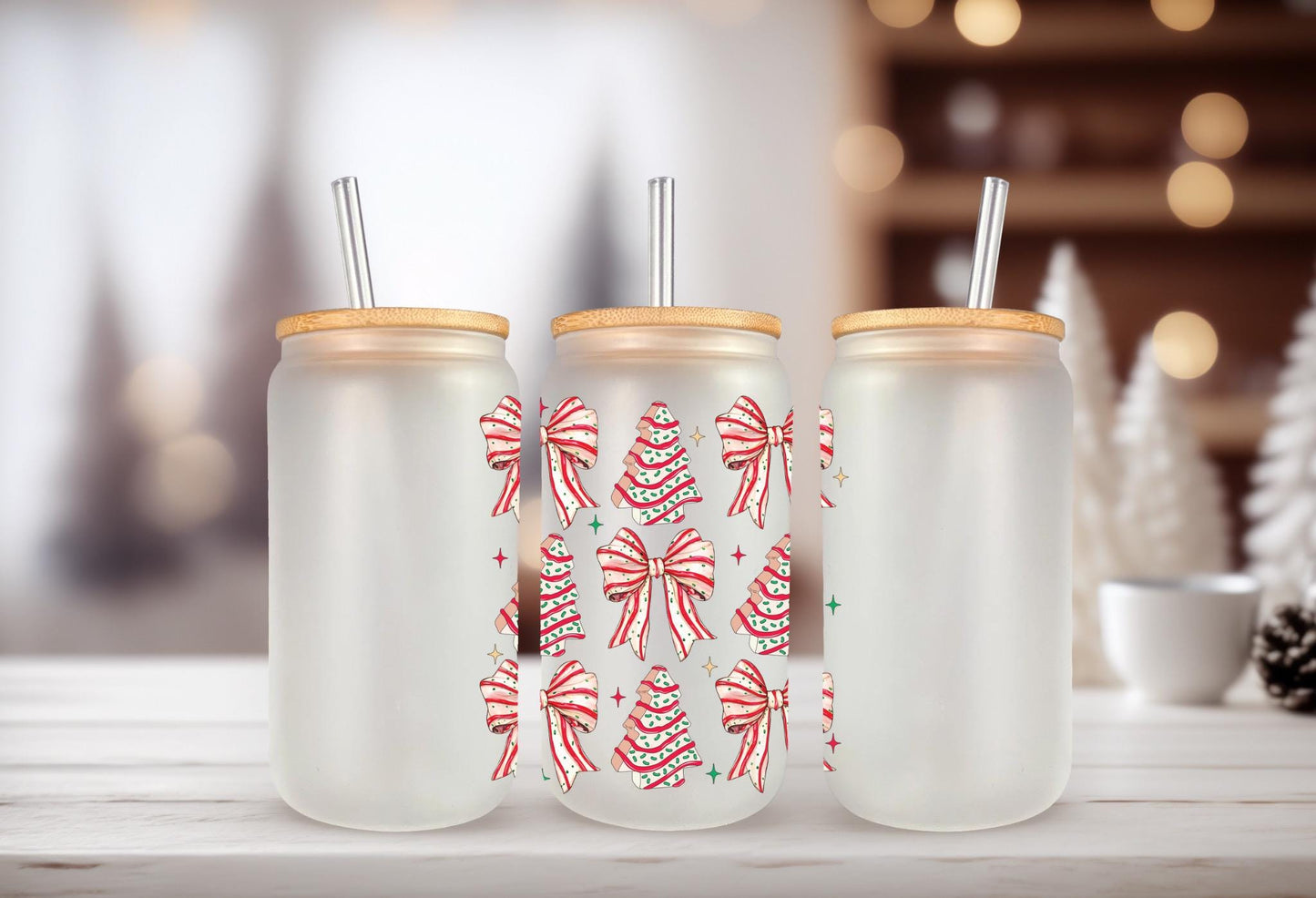 UVDTF Decal Tree Cakes Coquette Bows 16oz Can Glass Mug Tumbler, Ready to apply, Permanent Waterproof Adhesive