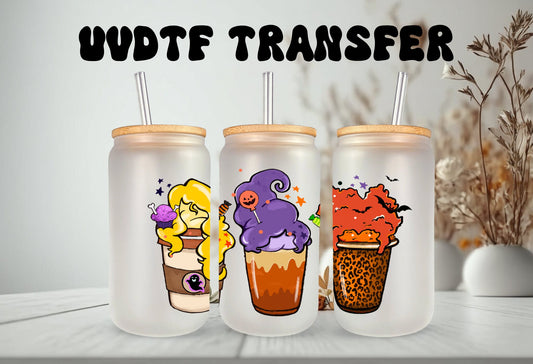UVDTF Wrap Halloween Witches Iced Coffee for 16oz Can Glass Mug Tumbler, Halloween Wrap, Ready to apply, Permanent Waterproof Adhesive