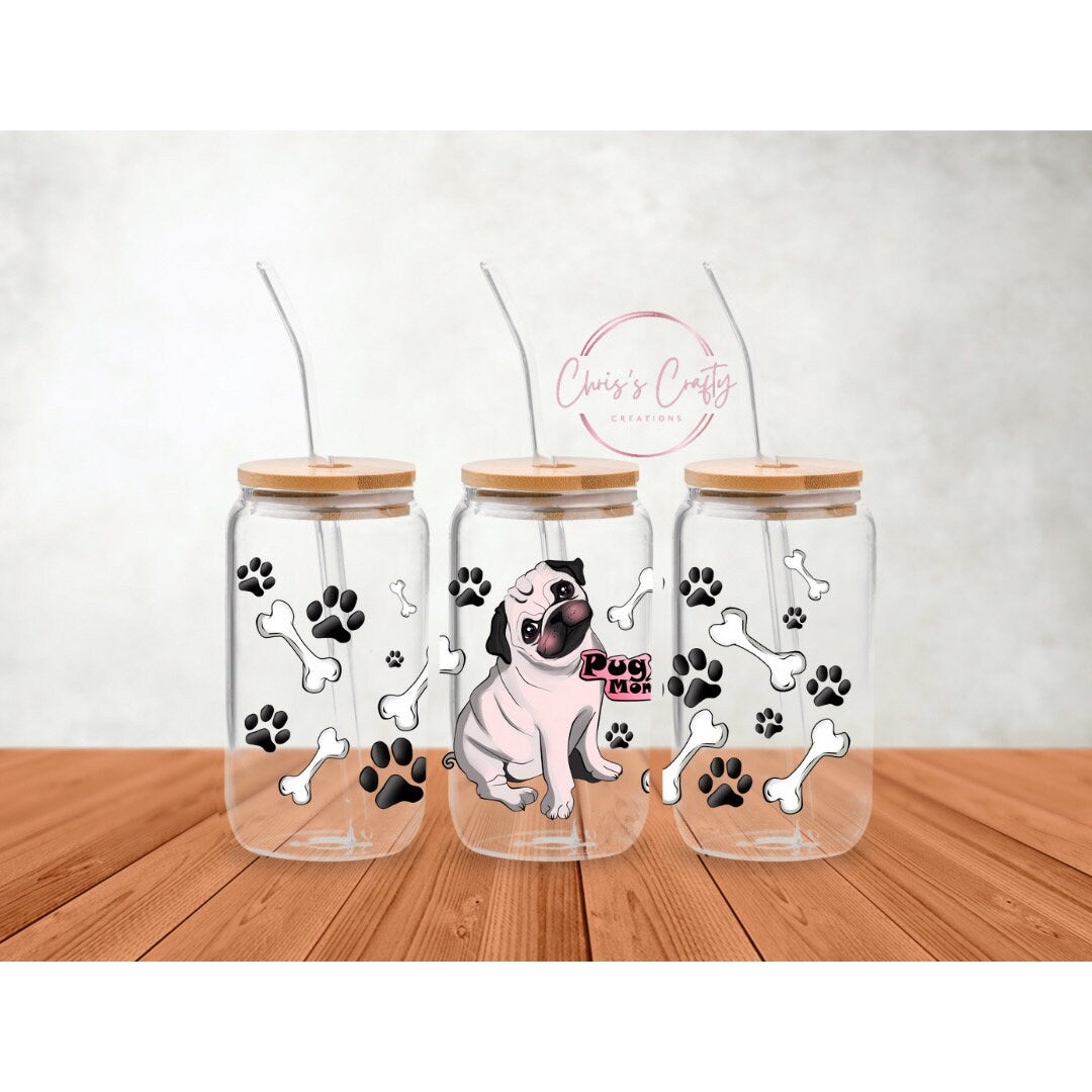 UVDTF Wrap Pug Mom 16oz Can Glass Mug Tumbler, Dog Mom Wrap, Ready to apply, Permanent Waterproof Adhesive