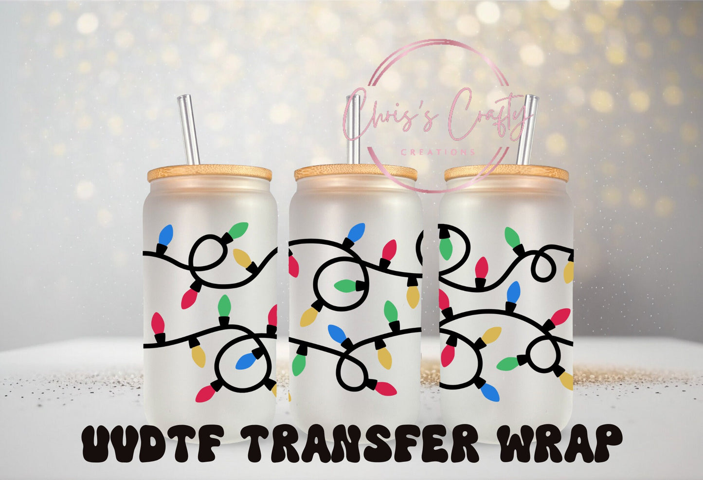 UVDTF Wrap Christmas Lights 16oz Can Glass Mug Tumbler, Christmas Wrap, Ready to apply, Permanent Waterproof Adhesive