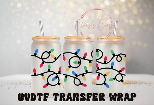 UVDTF Wrap Christmas Lights 16oz Can Glass Mug Tumbler, Christmas Wrap, Ready to apply, Permanent Waterproof Adhesive