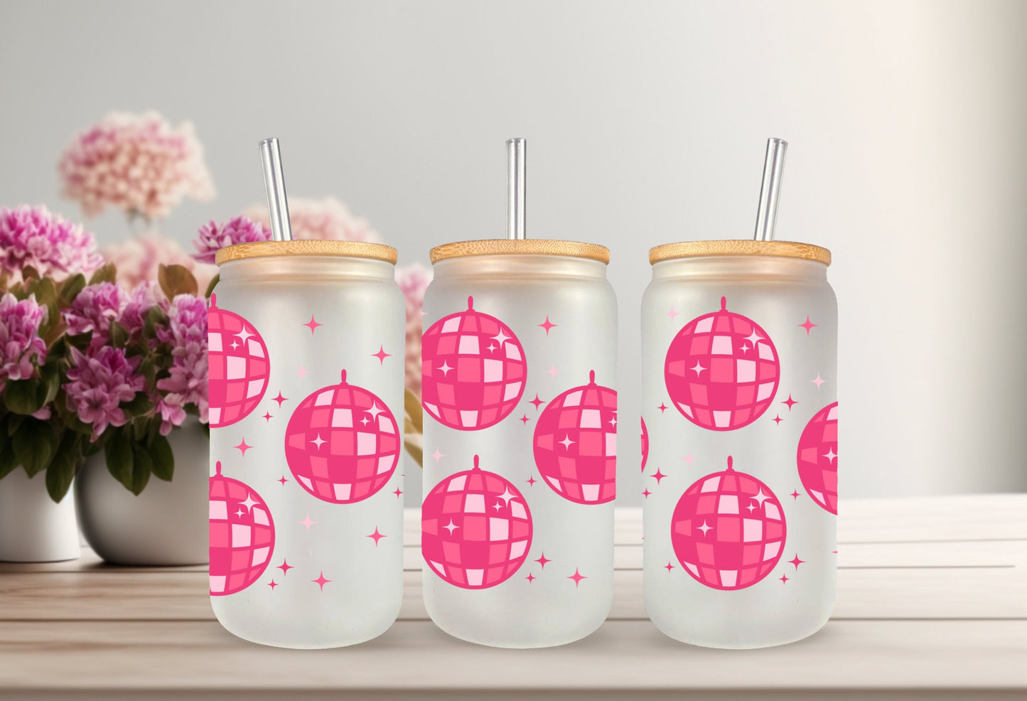 UVDTF Wrap Pink Disco Ball  16 oz Can Glass Mug Tumbler, Ready to apply, Permanent Waterproof Adhesive, Add on a Can Glass
