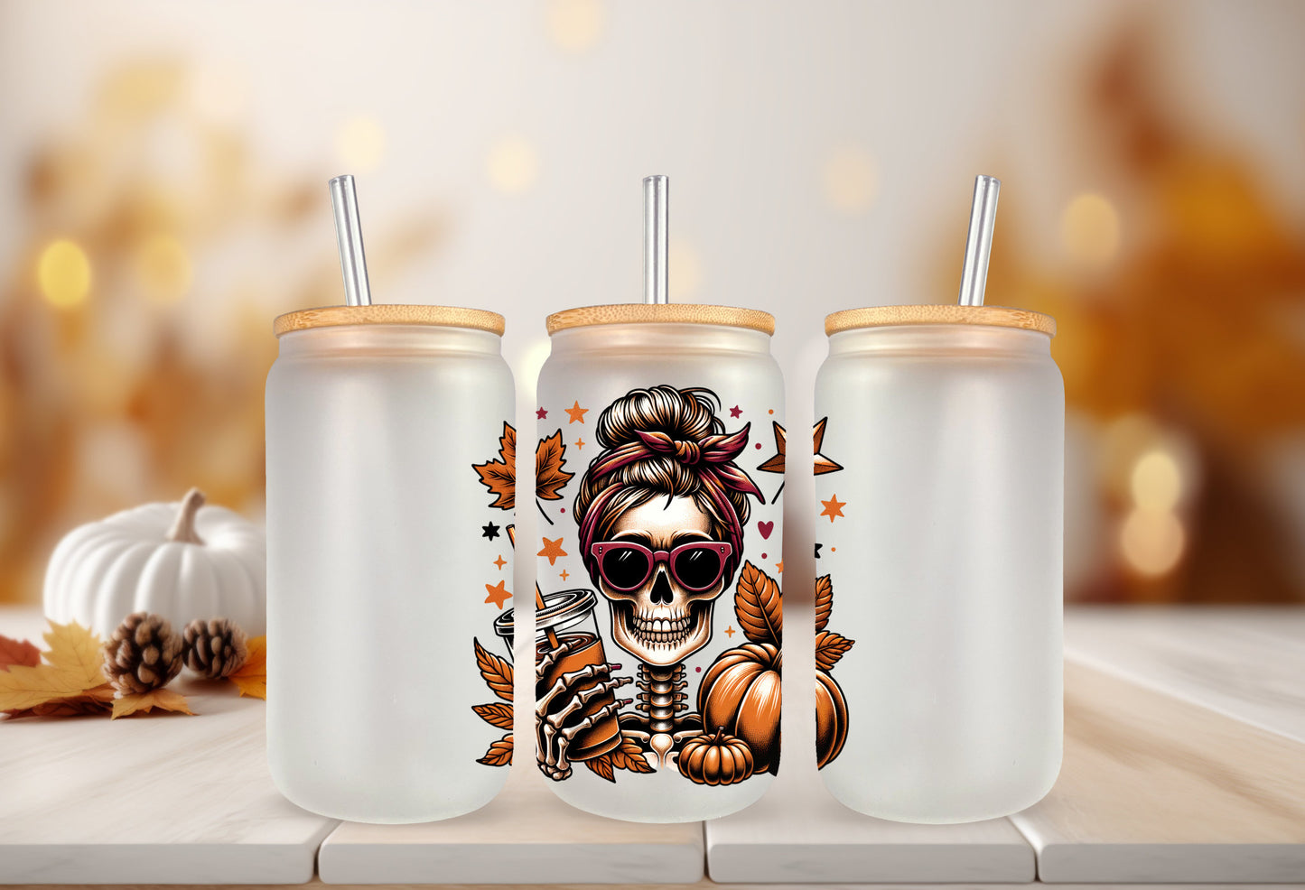 UVDTF Decal Fall Skeleton Pumpkin Iced Coffee 16oz Can Glass 40oz Tumbler or Mug, Ready to Apply, Permanent Waterproof Adhesive
