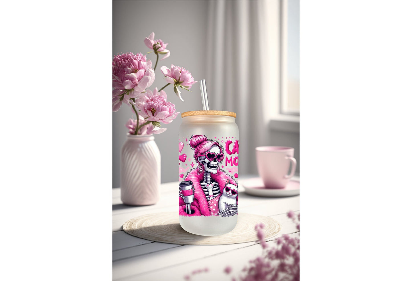 UVDTF Decal Cat Mom Retro Skeleton It’s a Throat P*nch Kind of Day 16oz Can Glass Mug Tumbler, Ready to Apply, Permanent Waterproof Adhesive