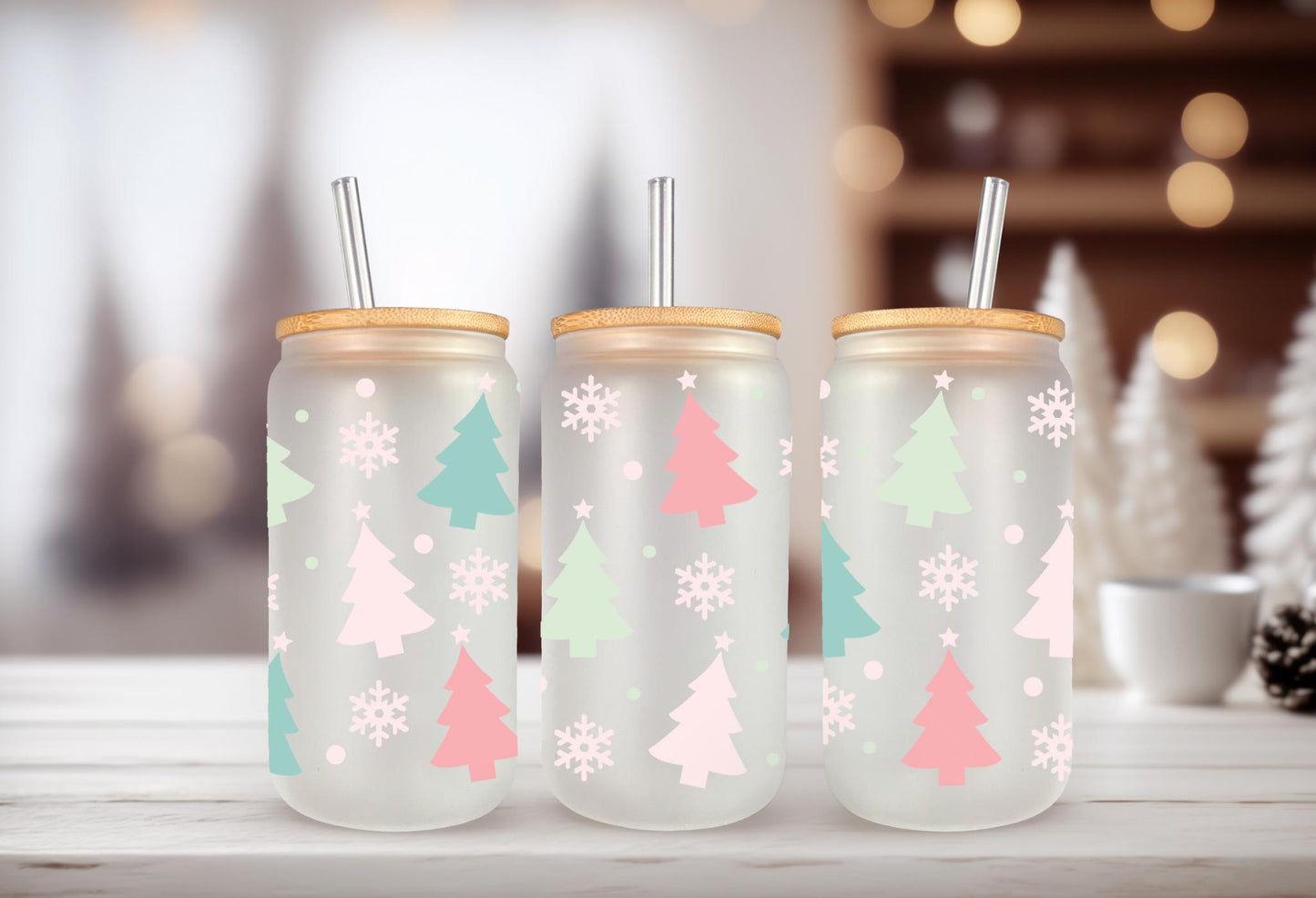 UVDTF Wrap Pastel Trees Snowflakes for 16oz Can Glass Mug Tumbler, Ready to Apply, Permanent Waterproof Adhesive