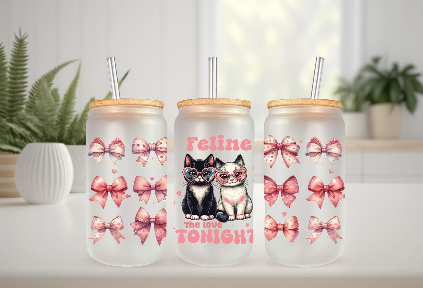 UVDTF Wrap Valentine’s Cat Feline the Love Tonight 16oz Can Glass Mug Tumbler, Valentine wrap, Ready to Apply, Permanent Waterproof Adhesive