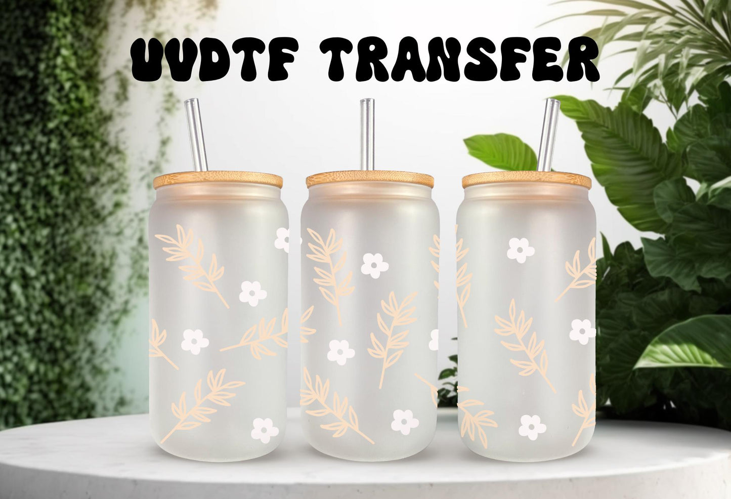 UVDTF Wrap White Floral for 16oz Can Glass Mug Tumbler, Daisy Wrap, Ready to apply, Permanent Adhesive Waterproof, Double Sided Option