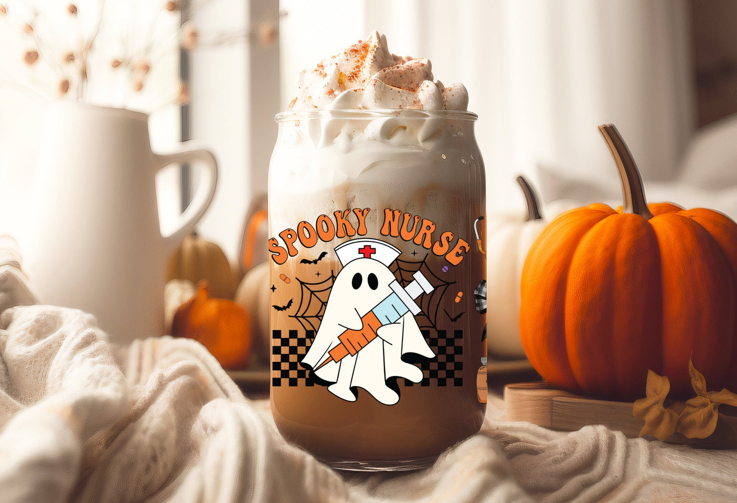 UVDTF Wrap Spooky Nurse Ghost Coquette Bows 16oz Can Glass, Mug, Tumbler, Halloween Wrap, Permanent Adhesive