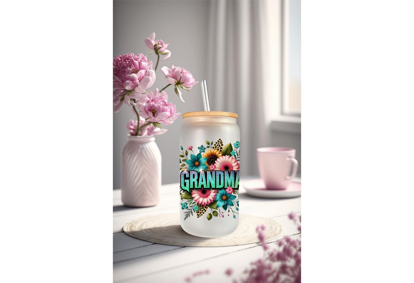 UVDTF Wrap Floral Grandma for 16oz Can Glass Mug Tumbler, Grandmother Wrap, Ready to Apply, Permanent Waterproof Adhesive
