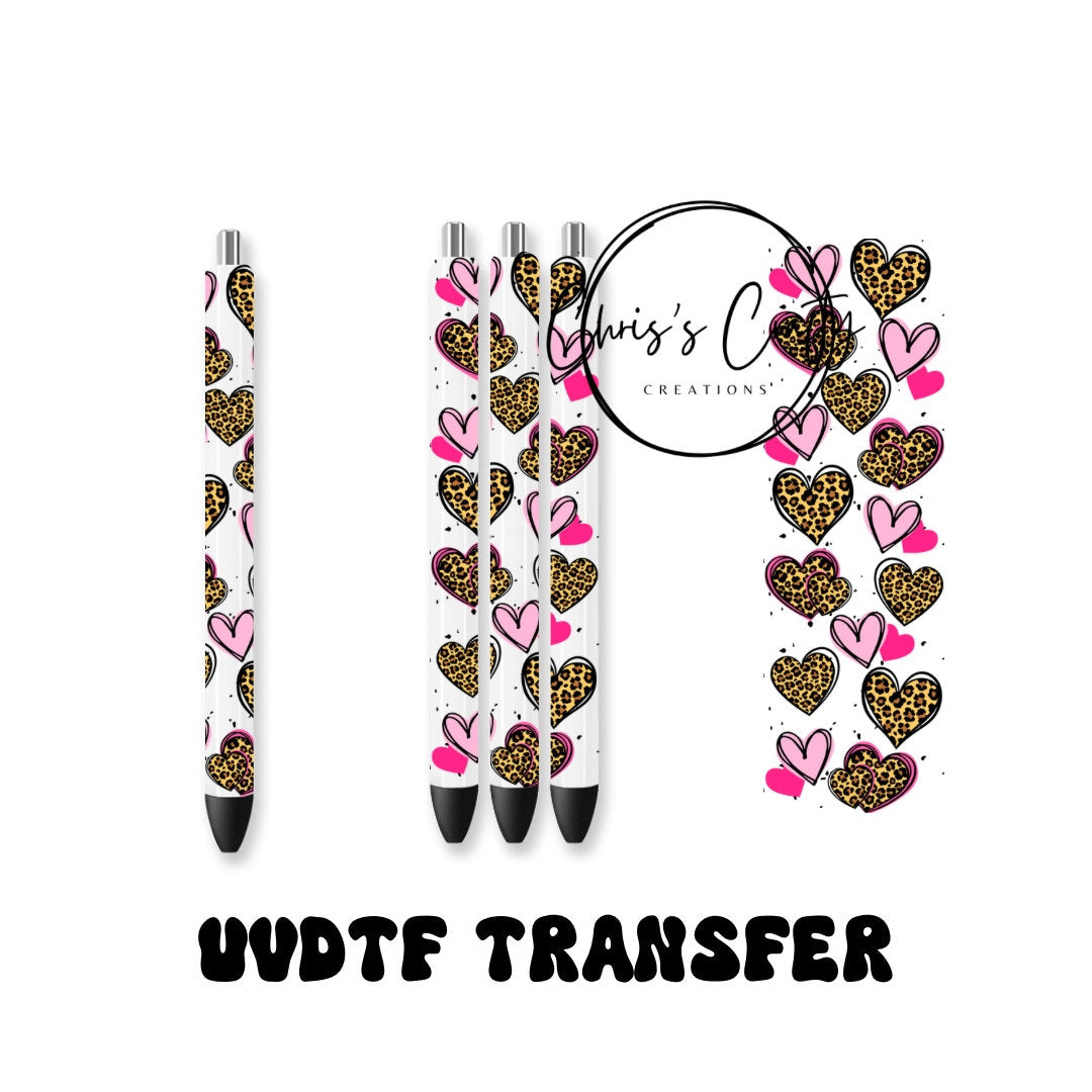 UVDTF Pen Wrap Pink Leopard Hearts, Ready to Apply, Permanent Waterproof Adhesive