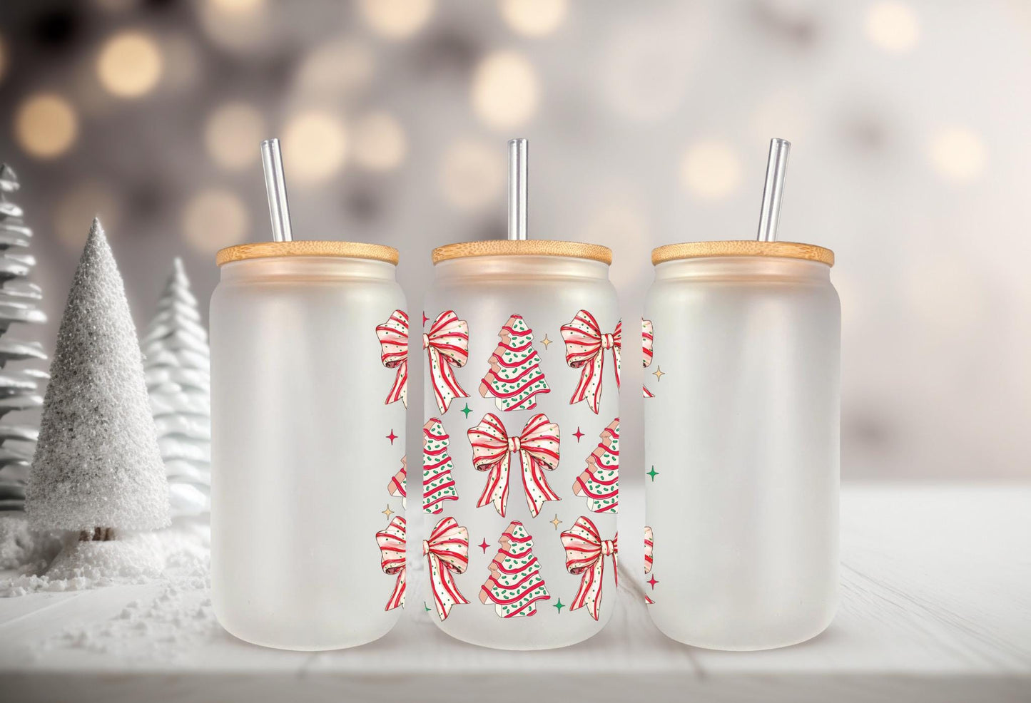 UVDTF Decal Tree Cakes Coquette Bows 16oz Can Glass Mug Tumbler, Ready to apply, Permanent Waterproof Adhesive
