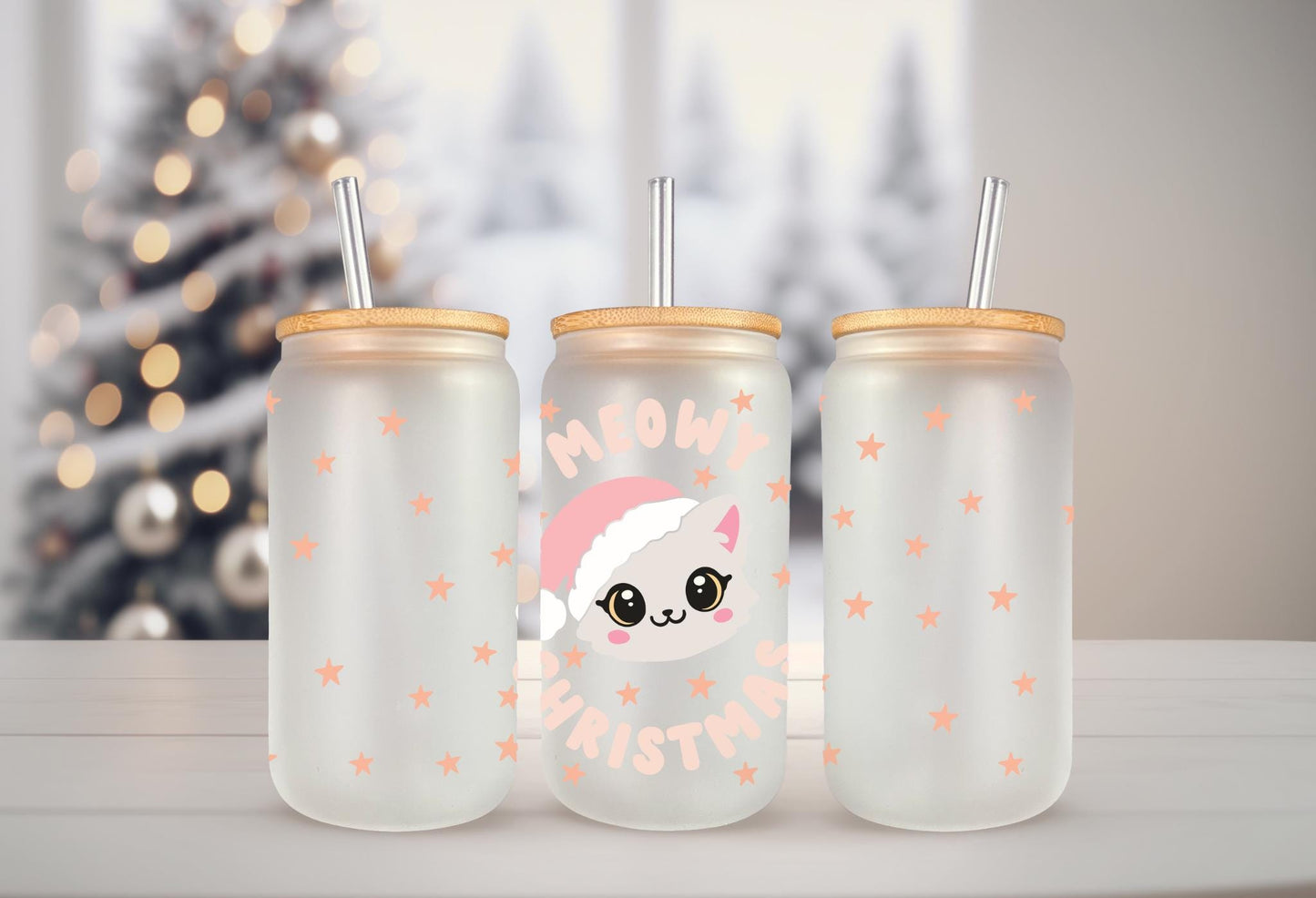 UVDTF Wrap Meowy Christmas's Cat 16oz Can Glass, Mug, Tumbler, Cat Wrap, Ready to Apply, Waterproof Permanent Adhesive
