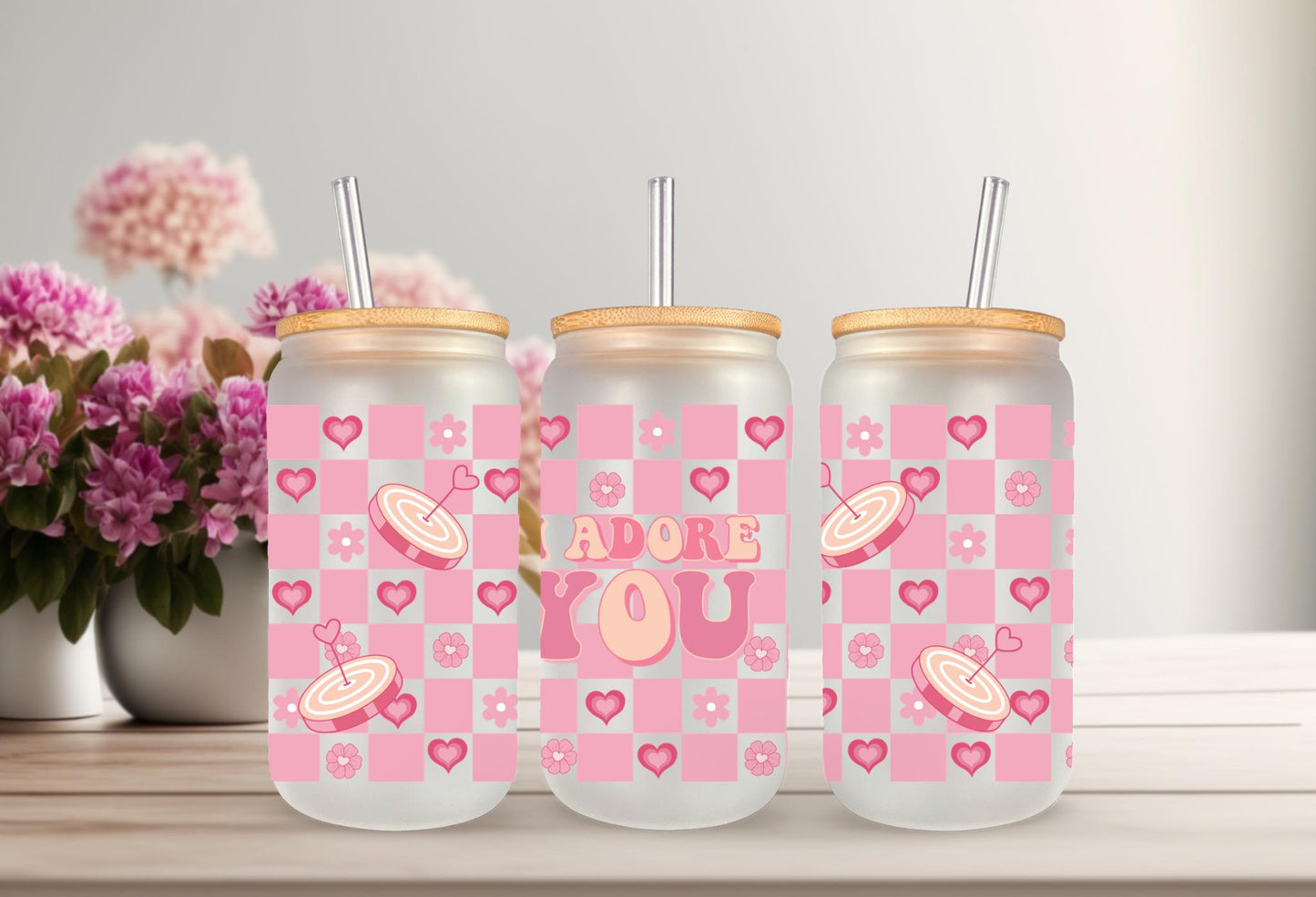 UVDTF Wrap Heart Valentine’s Floral Adore You 16oz Can Glass Mug Tumbler, Ready to Apply, Permanent Waterproof Adhesive