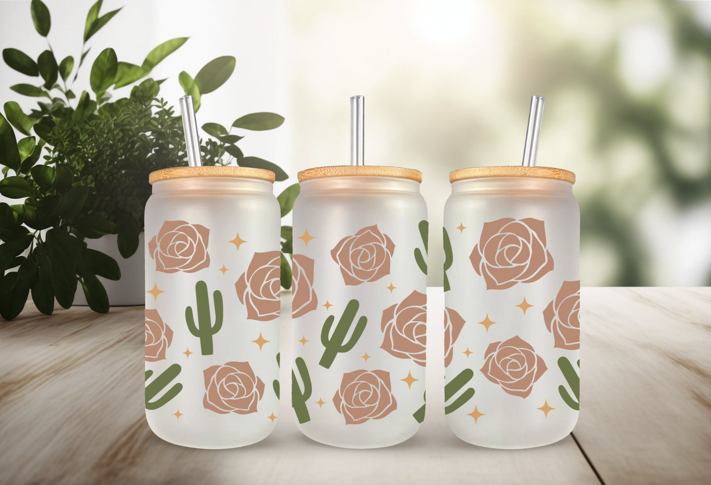 UVDTF Wrap Boho Desert Rose Cactus 16oz Can Glass, Mug, Tumbler, Cactus Wrap, Ready to apply, Permanent Adhesive Waterproof, Add on a Cup