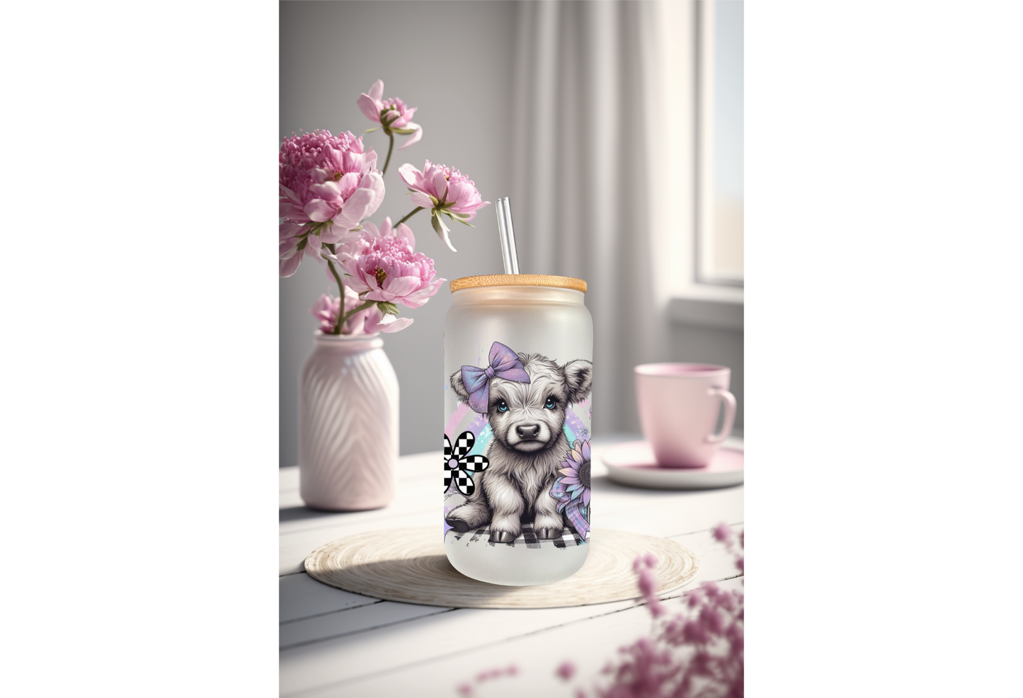 UVDTF Wrap Highland Cow Checkered Daisy 16oz Can Glass Mug Tumbler Wrap, Ready to apply, Permanent Adhesive