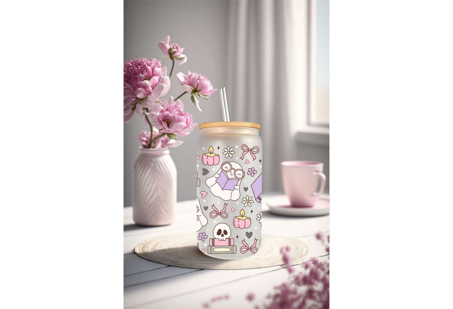 UVDTF Wrap floral Ghost Books 16oz Can Glass Mug Tumbler Wrap, Ready to apply, Permanent Waterproof Adhesive, Double sided option (Copy)