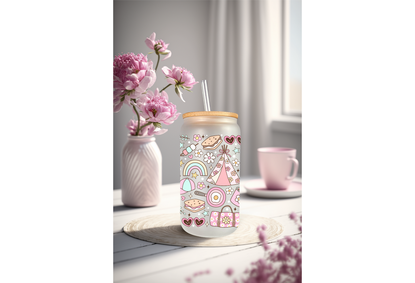 UVDTF Wrap Girly Camp 16oz Can Glass Mug Tumbler, Ready to apply, Camp Wrap, Permanent Waterproof Adhesive