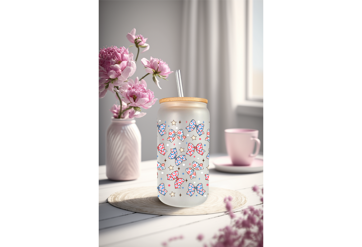 UVDTF Wrap Patriotic Bows 16oz Can Glass Mug Tumbler, Ready to apply, Permanent Waterproof Adhesive