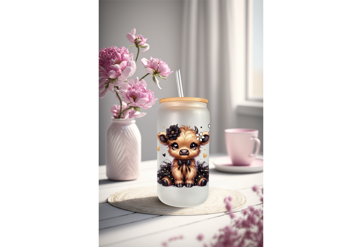 UVDTF Wrap Highland Cow Black Tutu Daisy 16oz Can Glass Mug Tumbler Wrap, Ready to apply, Permanent Adhesive