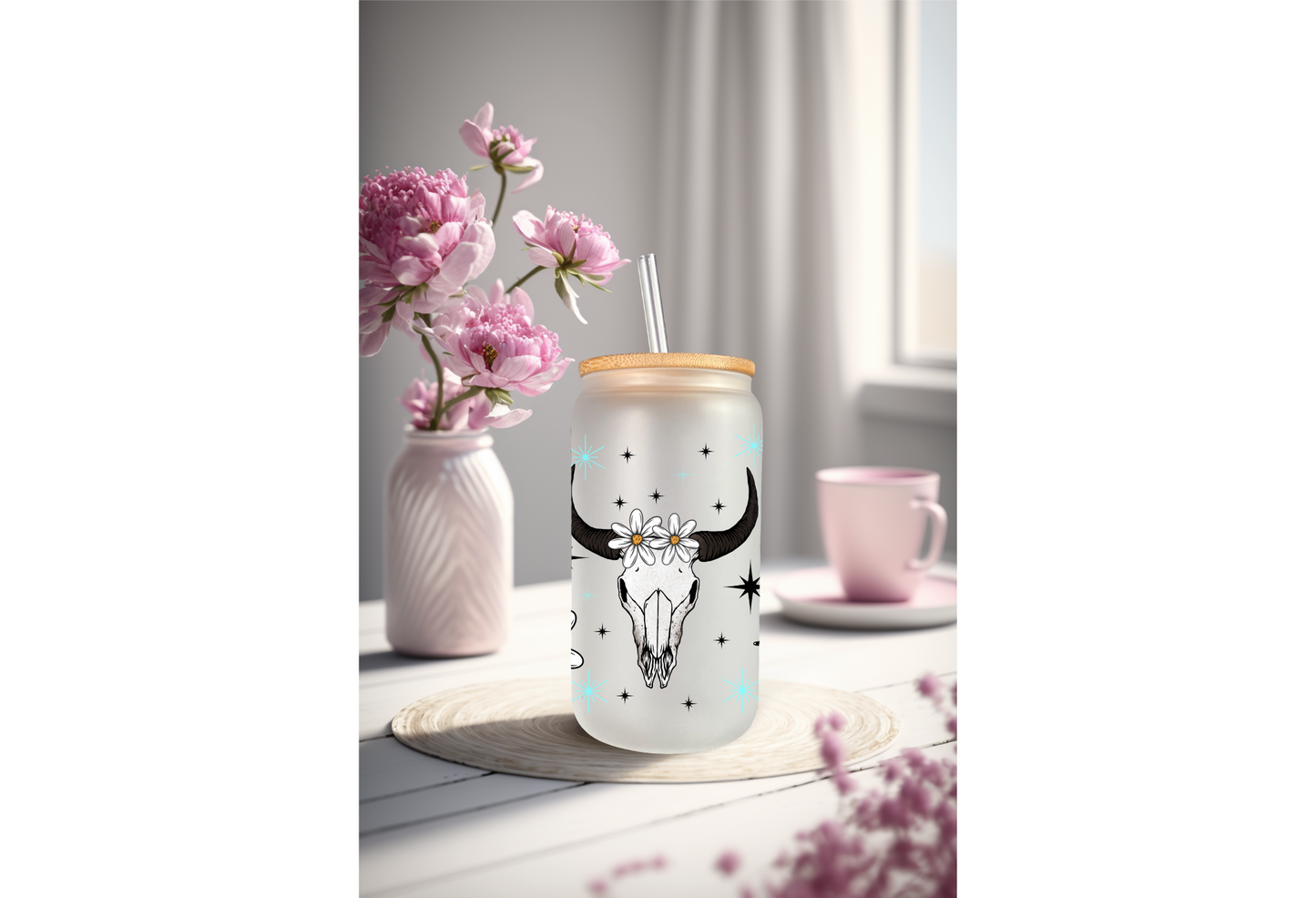 UVDTF Wrap Daisy Butterfly Cow Skull for 16oz Can Glass Mug Tumbler, Ready to apply, Permanent Waterproof Adhesive, Double Sided Option