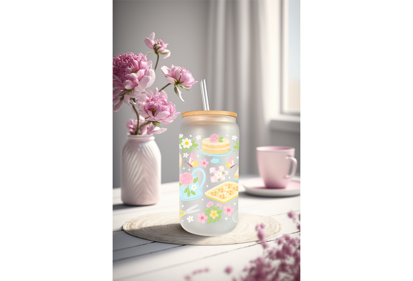 Mockup of three frosted glass cans with floral and hobby-themed UVDTF transfers, including bookish and crafty designs.
