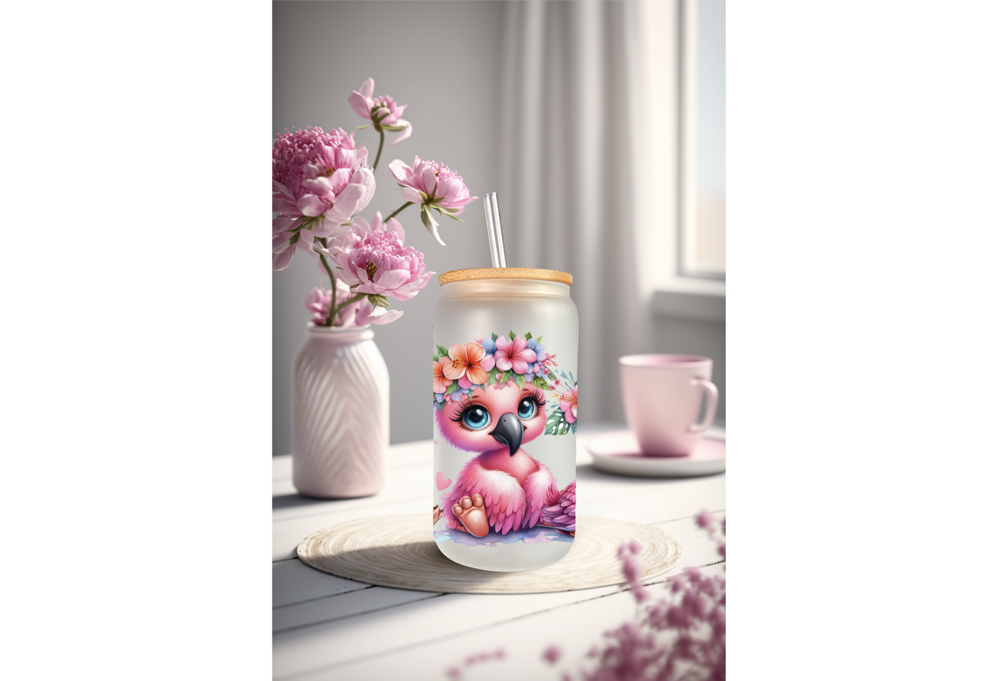 Floral Pink Flamingo UVDTF Wrap For 16oz Can Glass Tumbler, Ready to apply, Permanent Waterproof Adhesive