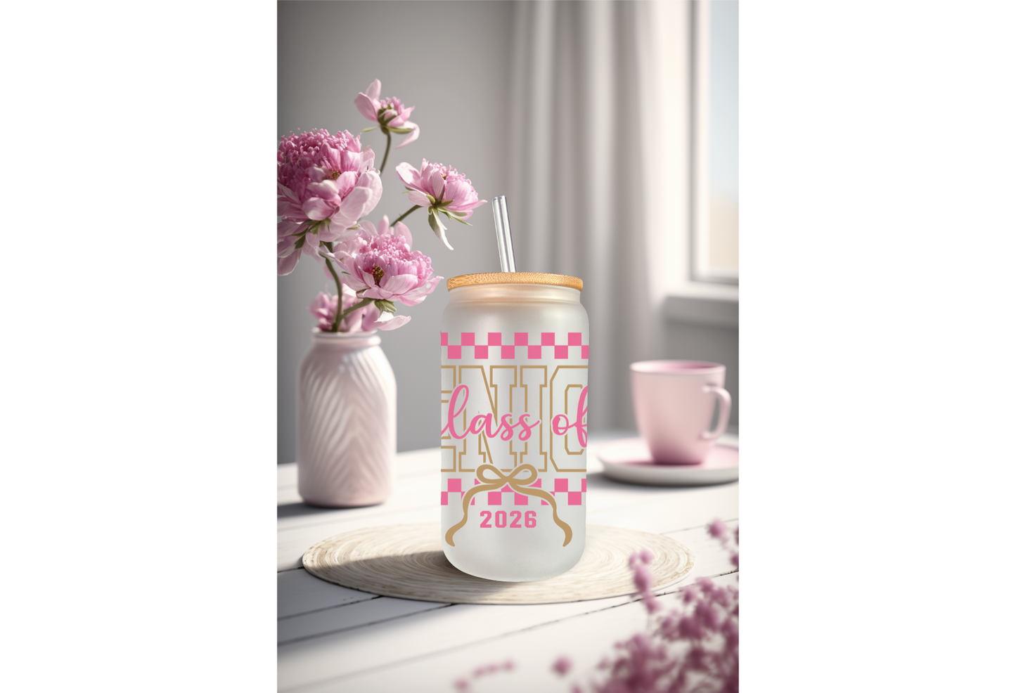 UVDTF Wrap Senior 2026 Checker and Bows for 16oz Can Glass, Mug Tumbler, Ready to Apply, Permanent Adhesive, Exclusive