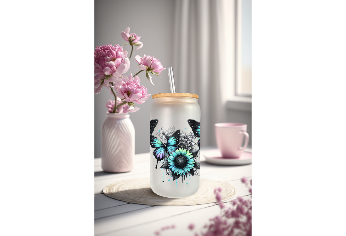 Butterfly Sunflower UV DTF Wrap For 16oz Can Glass Tumbler Full Wrap Permanent Decal Iced Coffee Cup Decor DIY Craft Supply