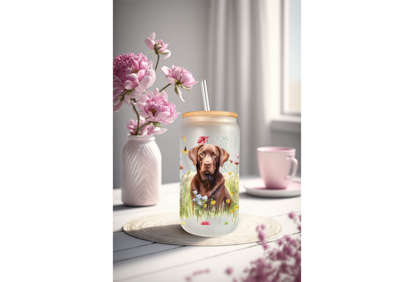 UVDTF Wrap Chocolate Lab Floral 16oz Can Glass Mug Tumbler, Dog Wrap, Ready to apply, Permanent Waterproof Adhesive