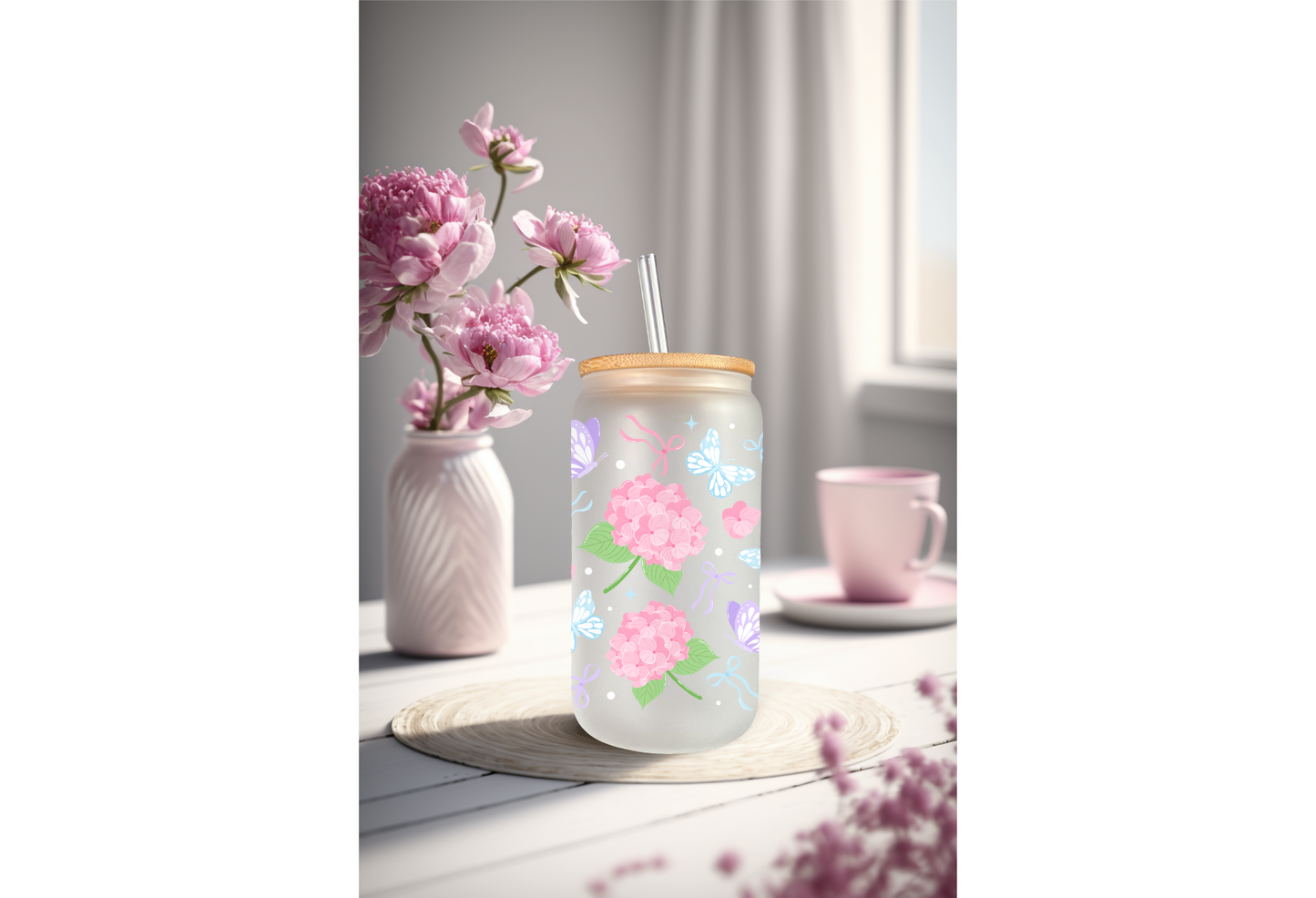 UVDTF Wrap Pink Hydrangea Butterfly 16oz Can Glass Mug Tumbler, Ready to apply, Permanent Waterproof Adhesive