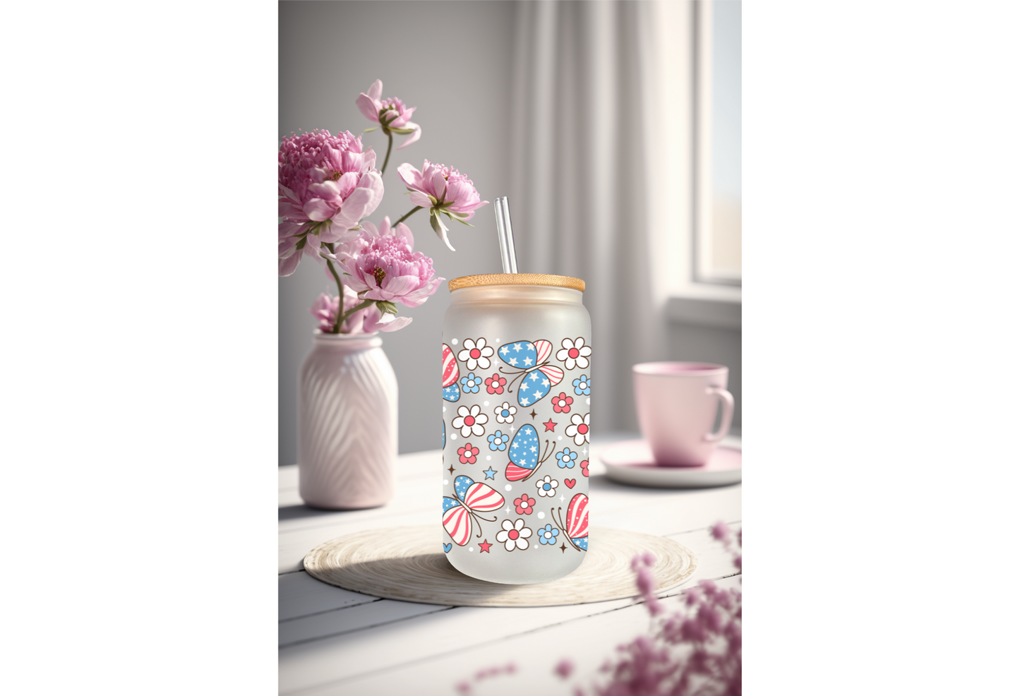 UVDTF Wrap Patriotic Butterfly 16oz Can Glass Mug Tumbler, Ready to apply, Permanent Waterproof Adhesive