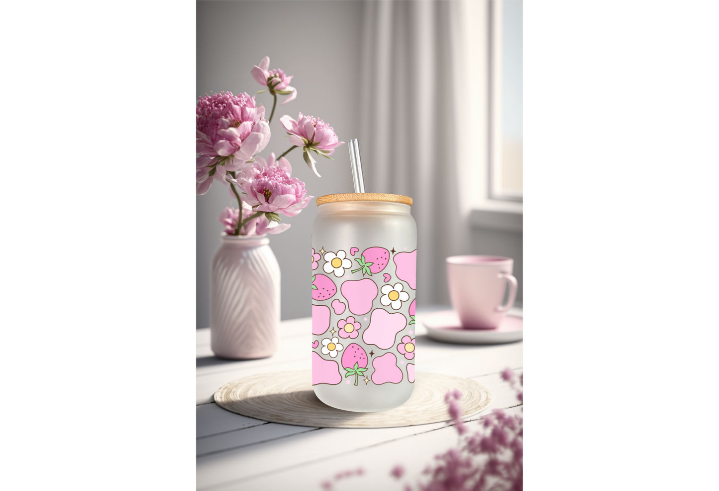 UVDTF Wrap Strawberry Cow Print Daisy 16oz Can Glass Mug Tumbler, Strawberry Wrap, Ready to apply, Permanent Waterproof Adhesive