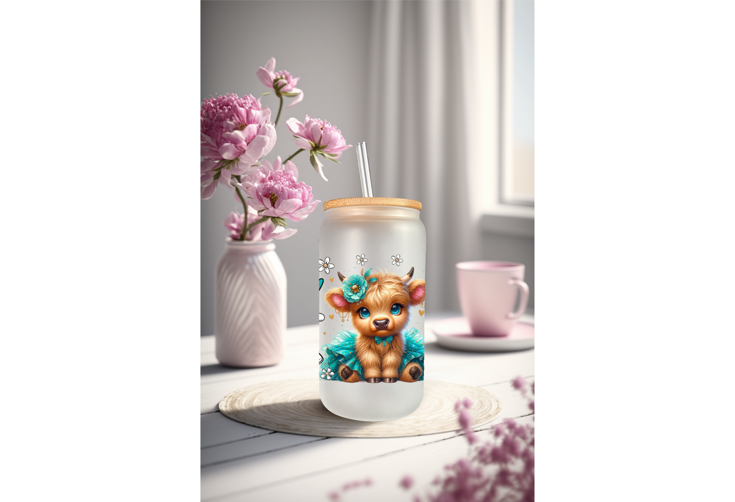 UVDTF Wrap Highland Cow Teal Tutu Daisy 16oz Can Glass Mug Tumbler Wrap, Ready to apply, Permanent Adhesive