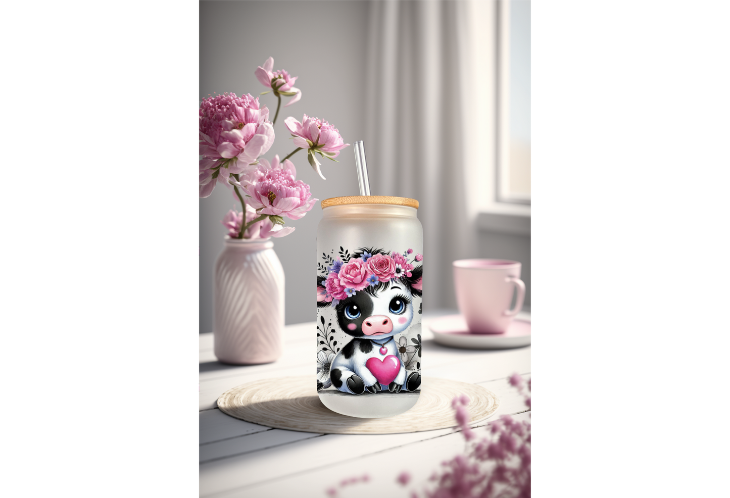 UVDTF Wrap Cute Cow Floral Butterfly For 16oz Can Glass Mug Tumbler, Ready to Apply, Permanent Waterproof Adhesive