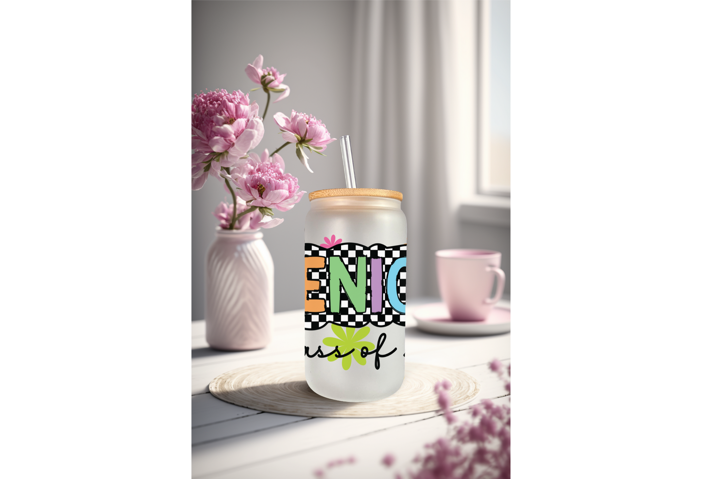 UVDTF Wrap Senior 2026 Checkered for 16oz Can Glass Mug Tumbler, Ready to Apply, Permanent Adhesive, Exclusive