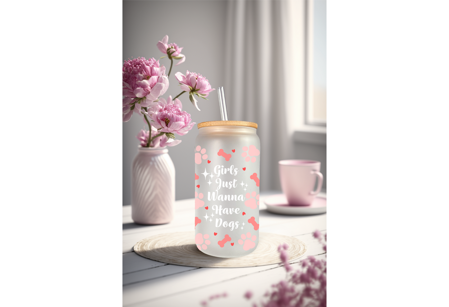 UVDTF Wrap Dogs Girls Just Wanna for 16oz Can Glass Mug Tumbler, Ready to apply, Permanent Waterproof Adhesive, Dog Mom Gift