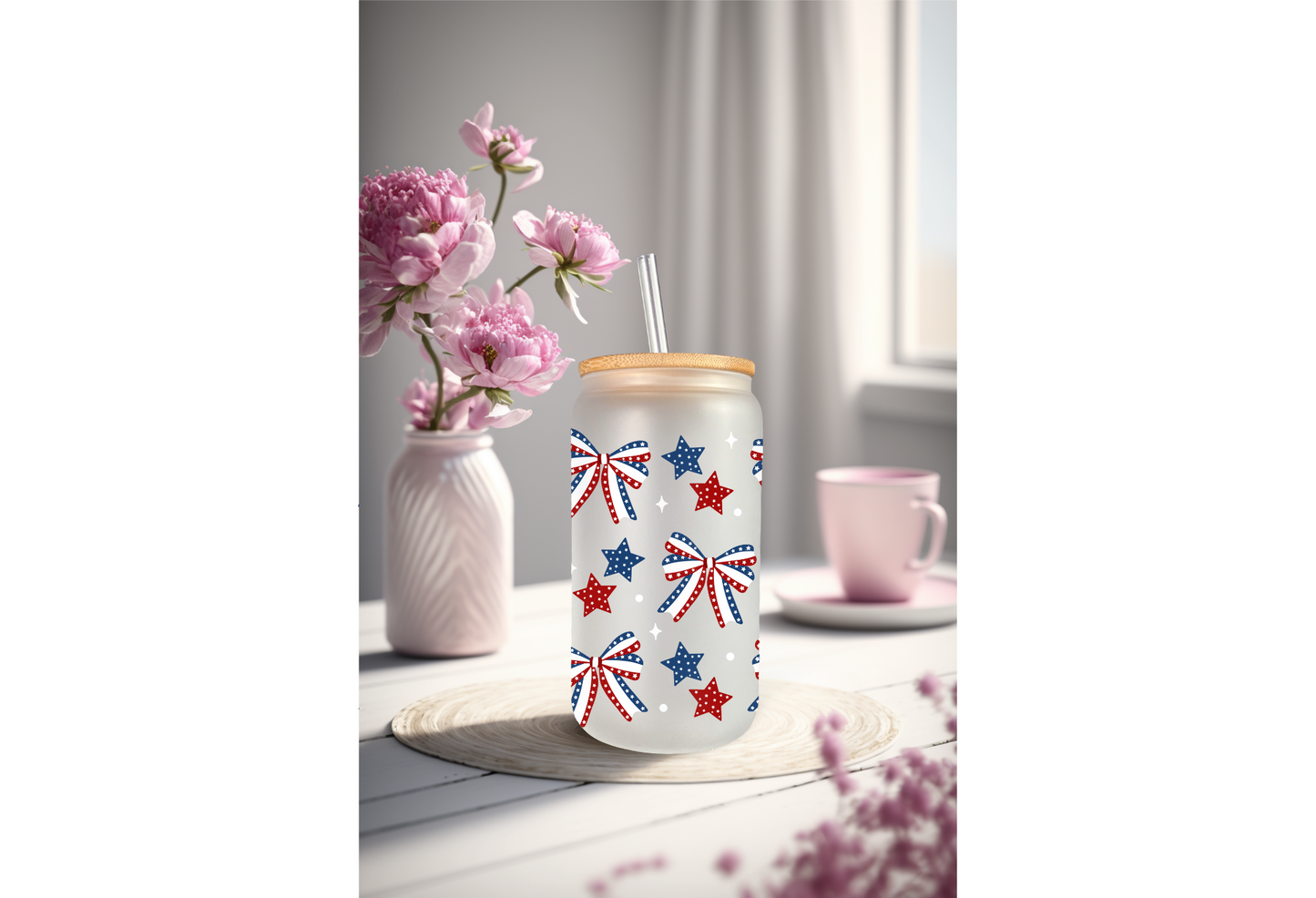 UVDTF Wrap 4th of July Bows Stars 16oz Can Glass Mug Tumbler, Ready to apply, Permanent Waterproof Adhesive