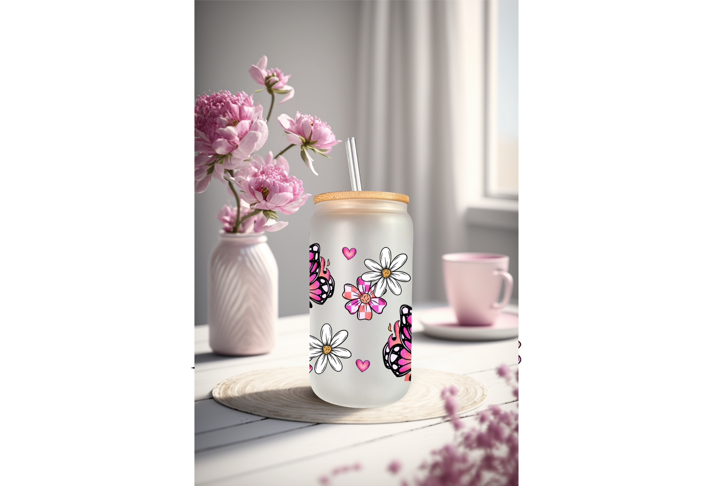 UVDTF Wrap Butterfly Daisy Checker for 16oz Can Glass Mug Tumbler, Butterfly Wrap, Ready to apply, Permanent Waterproof Adhesive