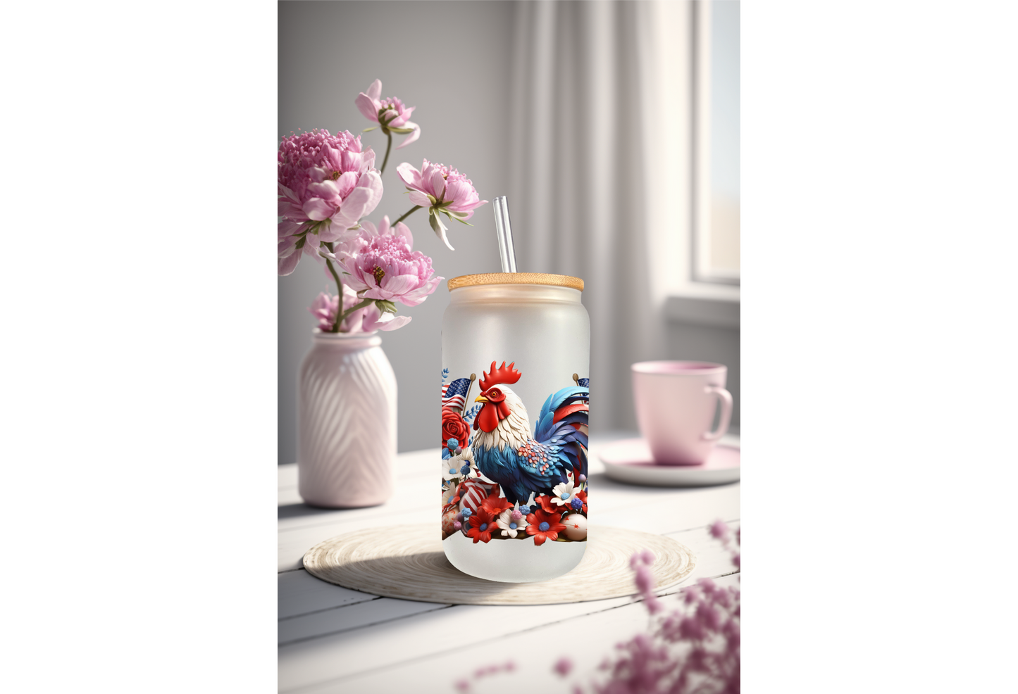 UVDTF Wrap America Chicken for 16 oz Can Glass, Mug, or  Tumbler, Rooster Wrap, Ready to apply, Permanent Adhesive Waterproof, Apply to cup