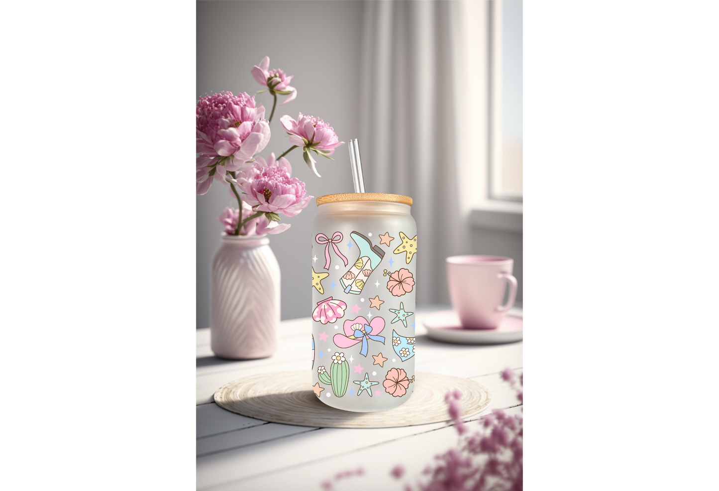 UVDTF Wrap Coastal Cowgirl for 16oz Can Glass Mug Tumbler, Daisy Wrap, Ready to Apply, Permanent Waterproof Adhesive